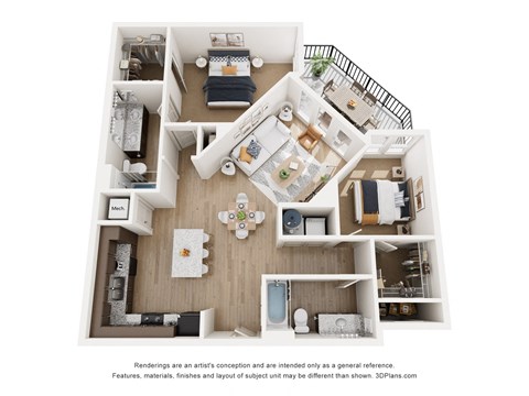 Floor plan for 2 beds, 2 baths, 1096 sqft